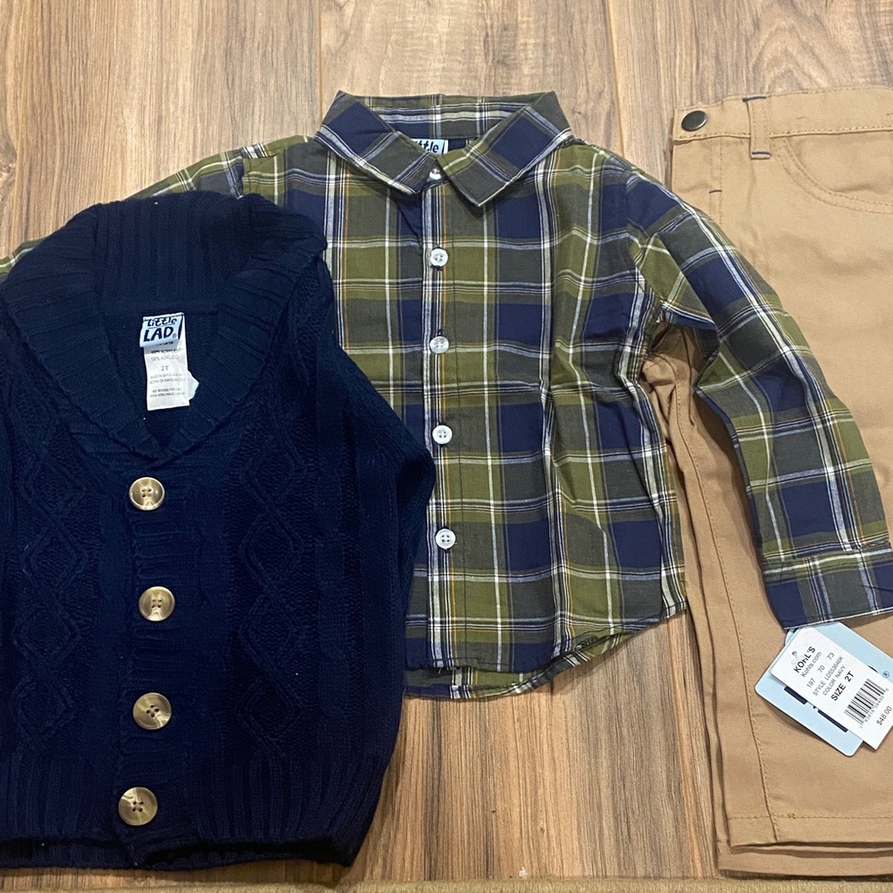 Plaid shirt, sweater and khaki pant set